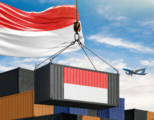 International Cargo: A shipping container, adorned with the flag, is hoisted by a crane against a backdrop of cargo containers and a boundless sky, symbolizing international trade and global commerce.