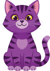 Adorable cartoon purple tabby cat with bright yellow eyes and a friendly smile sitting and looking forward