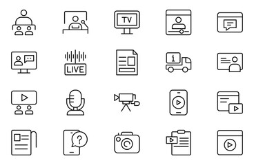 Mass media outline vector icons set. on white background. media business concept. Media outline icons set.