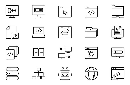 Programming coding web icon set. Software development icons for web and mobile app. Code, api, programmer, developer, information technology, coder and more.