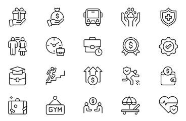Employee benefits line icon set. Maternity leave, paid leave, meals, insurance, company transport, bonuses, protection from dismissal and more. Outline icon set. Vector collection.