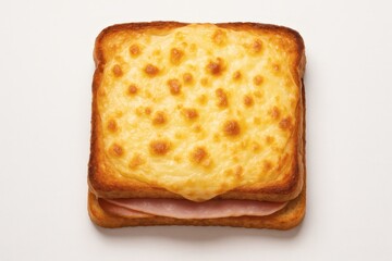 Fototapeta premium Croque Monsieur Sandwich Close-Up, Classic French Toasted Ham and Cheese on White Background