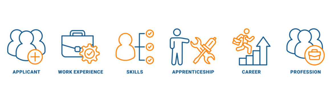 Traineeship icon set vector concept with icon of apprenticeship on job training program with icon of applicant, work experience, skills, internship, career, and profession 