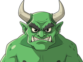 Fierce green monster with sharp teeth and menacing eyes peeking over a surface with large horns © GK390