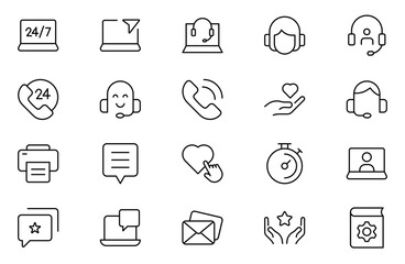 Fototapeta premium Customer Support line Icon Set. Icons for enhancing user assistance, perfect for help centers, chat interfaces, and service platforms to streamline communication and improve user experience.