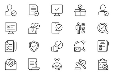 Inspection web line icons set. Pack of inspection, hire, calculation money, coaching, protection, cooperation, success, task, other outline stroke pictograms.