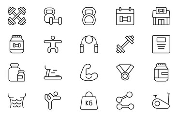 Gym and fitness line icon set. Containing healthy lifestyle, weight training, body care and workout or exercise equipment icons. Outline icon collection.