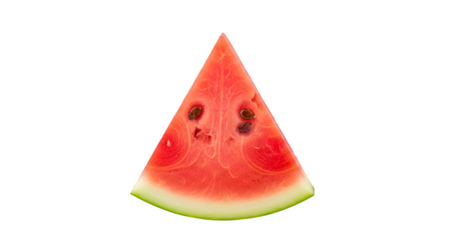 A single juicy slice of ripe red watermelon with black seeds isolated on transparent background