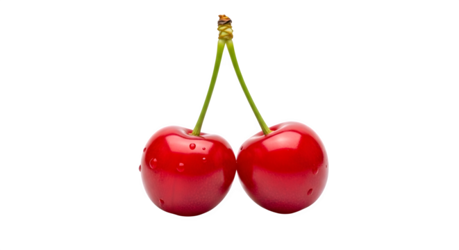 Two ripe red cherries with stems hanging together isolated on transparent background