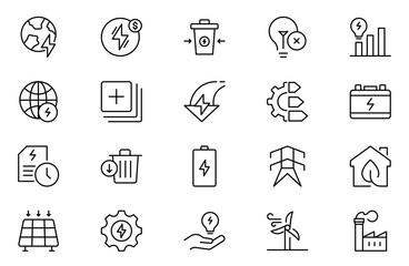 Energy Saving outline icon set, with conservation, reduce waste, consumption, management, efficiency, gas emission and green house. Eco related icons Energy Costs, Power ConsumptionGreen House