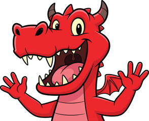 Adorable cartoon baby dragon with big yellow eyes and green scales sitting playfully with wings outstretched on a white background