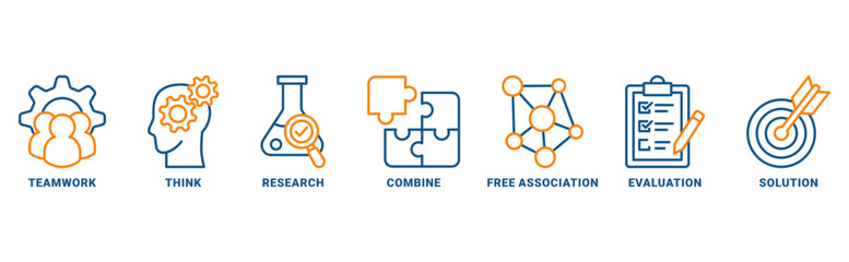 Brainstorming icon set vector concept with icon of teamwork, think, research, combine, free association, evaluation, solution  © HRF07