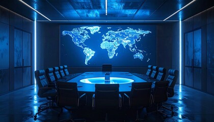 Futuristic Boardroom with World Map Display.