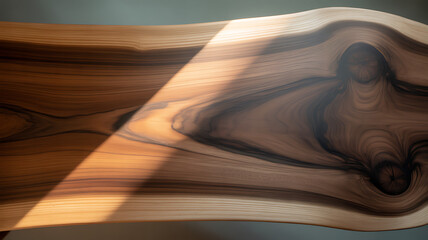Close-up of a Live Edge Wood Slab Table Top with Natural Wood Grain, Knots, and a Beam of Sunlight, Showing the Beauty of Organic Wood