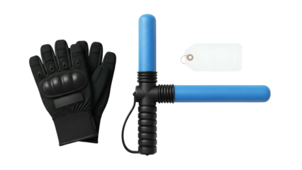 Black Motorcycle Gloves and Blue Foam Baton With White Price Tag On Transparent Background