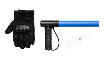 Black Tactical Gloves and Blue LED Traffic Wand with Blank White Tag on Transparent Background