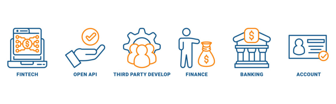 Open banking icon set vector concept with icon of financial technology with an icon of the fintech, coding, open API, finance, banking, third party developer, and account 