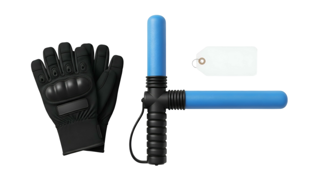 Black Motorcycle Gloves and Blue Foam Baton With White Price Tag On Transparent Background