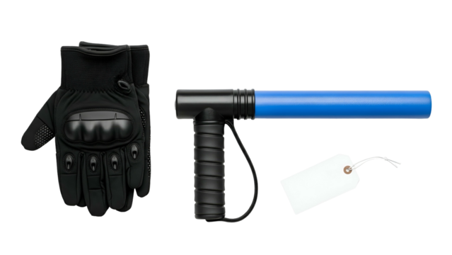 Black Tactical Gloves and Blue LED Traffic Wand with Blank White Tag on Transparent Background