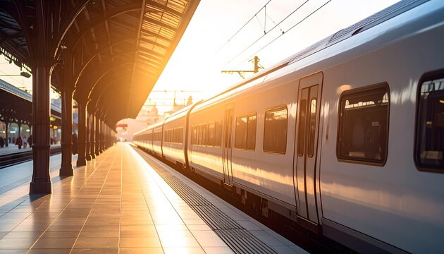 Golden Hour Train Station with Sunlight Illuminating the Platform and Train - Powered by Adobe