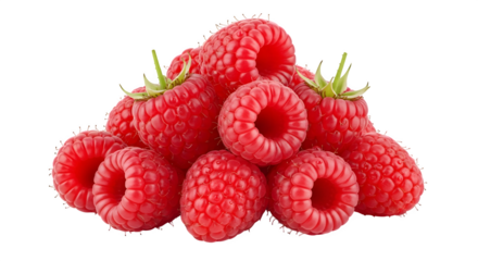 A vibrant pile of fresh ripe red raspberries forming a natural cluster isolated on transparent background