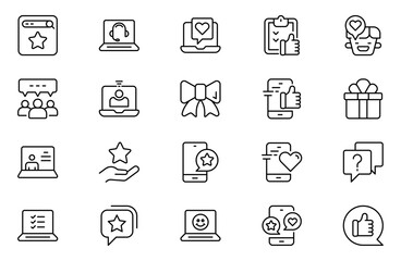 Feedback line icons set. Like, review and comment on Internet content. User opinion and survey. Outline icon. Concept
