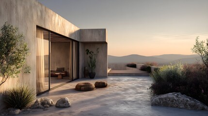Modern Rooftop Terrace Minimalist Concrete Glass French Style Golden Hour Light Vibrant Views Crisp Details Radiant Lighting Elegant Design Luxurious Ambiance (AI-Generated)