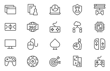 Games vector outline icon set. Gaming icon elements containing points and life bars; console; player; chess; multiplayer; casino and mobile game icons.video games; gaming; technology; gadget