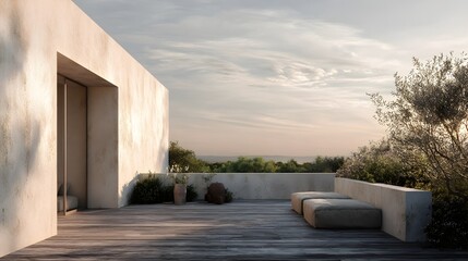Modern Rooftop Terrace Minimalist Concrete Glass French Style Golden Hour Light Vibrant Views Crisp Details Radiant Lighting Elegant Design Luxurious Ambiance (AI-Generated)