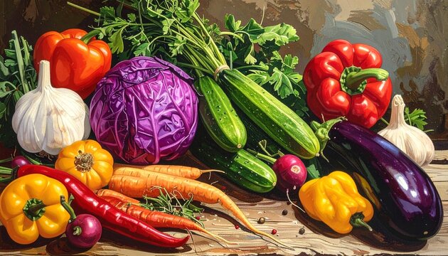 Fresh colorful vegetables on a wooden table.