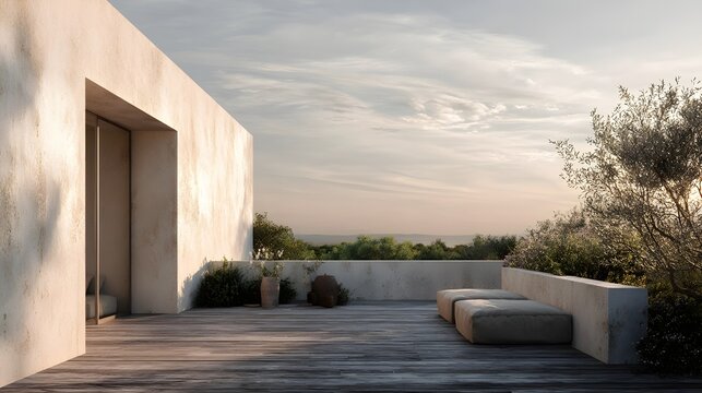 Modern Rooftop Terrace Minimalist Concrete Glass French Style Golden Hour Light Vibrant Views Crisp Details Radiant Lighting Elegant Design Luxurious Ambiance (AI-Generated) - Powered by Adobe