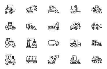 Construction machinery outline icons set. Linear icon collection. Editable stroke. Vector illustration