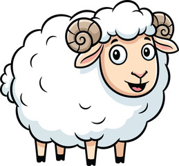 Adorable cartoon sheep with fluffy white wool and big innocent eyes standing on four legs isolated on white background