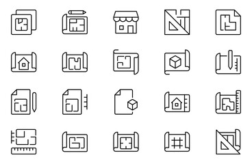 Modeling outline icon set. Architectural planning icon collection. Planning, scheme, dimension, project, measurement, floor plan and more.