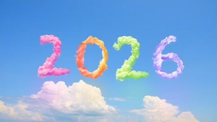 Naklejka premium Colorful 2026 year number formed by clouds in a blue sky