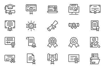 Certificate outline icons set. Linear icon collection. Editable stroke. Vector illustration