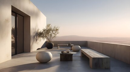 Modern Rooftop Terrace Minimalist Concrete Glass French Style Golden Hour Light Vibrant Views Crisp Details Radiant Lighting Elegant Design Luxurious Ambiance (AI-Generated)