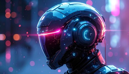 Futuristic robot in cyberpunk cityscape.