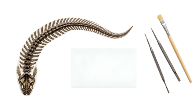Detailed anatomical illustration of a snake skeleton with scientific tools and a blank white card against a stark black background demonstrating