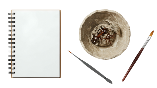 Blank Spiral Notebook Paint Brushes and Sand Container with Red Beans on Black Background Overhead View