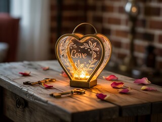 A heart shaped lantern with warm fairy lights illuminates a rustic wooden table adorned with scattered rose petals and decorative keys