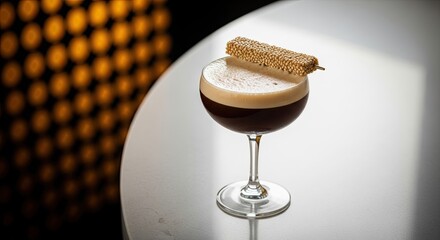 An elegant espresso martini cocktail with a creamy foam top and a puffed grain garnish sits on a white table in a sophisticated bar with warm bokeh lights in the background