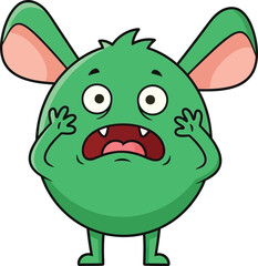 A cheerful round orange cartoon monster with big eyes and sharp teeth arms raised in excitement isolated on a white background