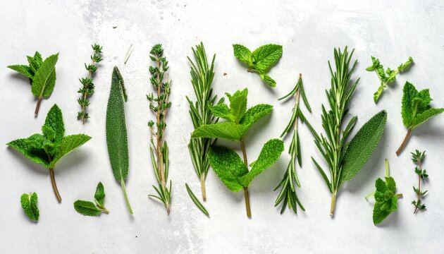 Fresh herbs arranged on white background. - Powered by Adobe