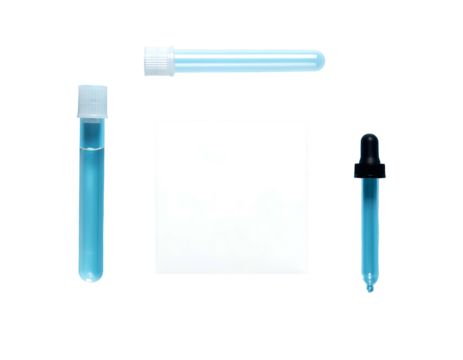 Three Scientific Glassware Items Including Two Test Tubes and One Dropper Filled With Light Blue Liquid On A Transparent Background