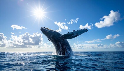 Obraz premium A Majestic Humpback Whale Breaching the Surface of the Ocean Under a Bright Sunny Sky