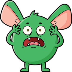 Cute and fluffy purple monster with big yellow eyes and green ears looking scared and surprised with a droplet of sweat