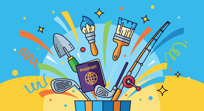 Experience gift concept with a box exploding with items for hobbies and travel, such as a passport, golf clubs, and art supplies.