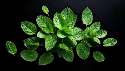 Fresh mint leaves on black background.