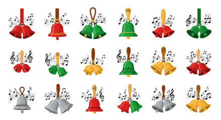 Collection of colorful christmas bells with musical notes background design